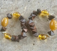 Handmade Beaded Bracelets Set of 2 Stretch Multi Color Wood Resin Stackable