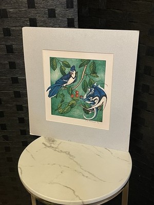 K A Johnson Painting OOAK BlueJay Mirrored Dragon Signed Gorgeous 1999 Matted 