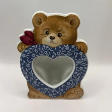 Vintage Teddy Bear Frame Picture Heart Ceramic Small Blue Floral Brown Japan