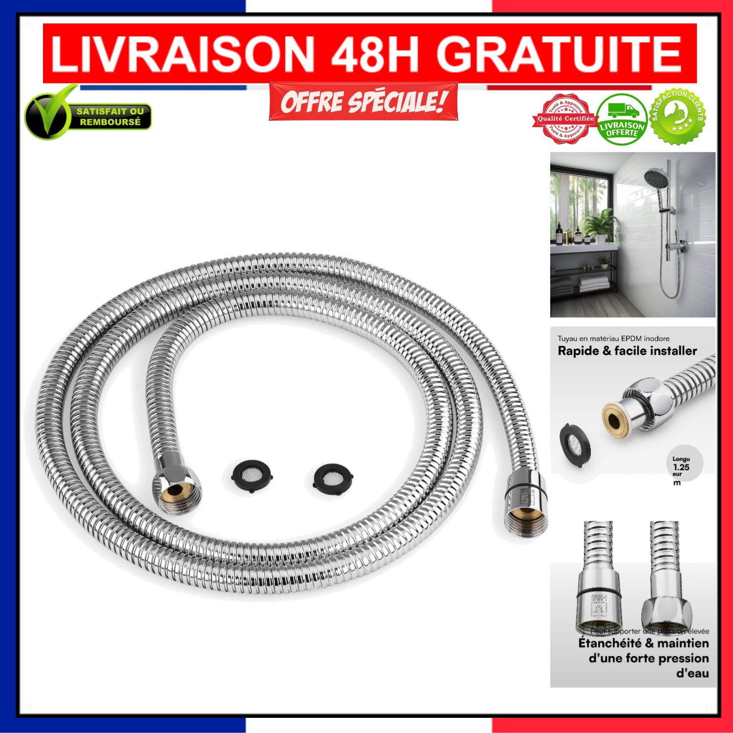 Tuyau de douche 1,25m H&S anti-calcaire et résistant aux fuites pour remplacer un flexible