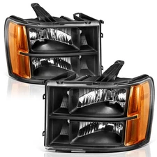 Headlights For 2007-2013 GMC Sierra 1500 2500HD 3500HD Black Housing+Amber Lamps