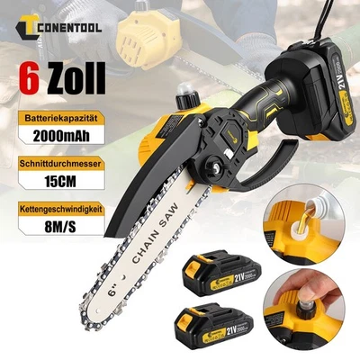 CONENTOOL Akku Kettensäge 6 Zoll Mini Elektro Kettensägen Handkettensäge Mit 2 Akkus 900w