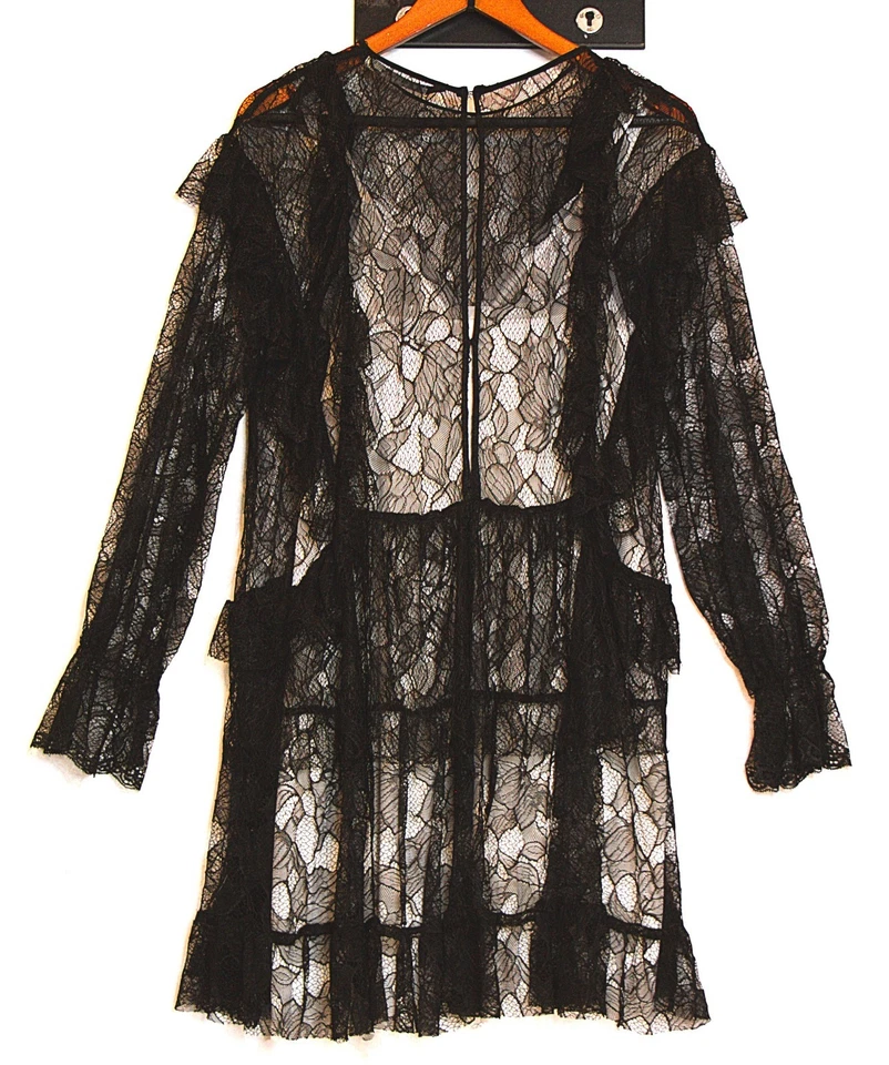 Zara Goth Lace Black Shift Dress Tiered Long Balloon Sleeves Button Ruffled - Image 2 of 3