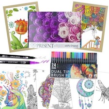Adult Coloring Book with 24 Dual Tip Colors Markers, 12 Pcs Premium Coloring ...
