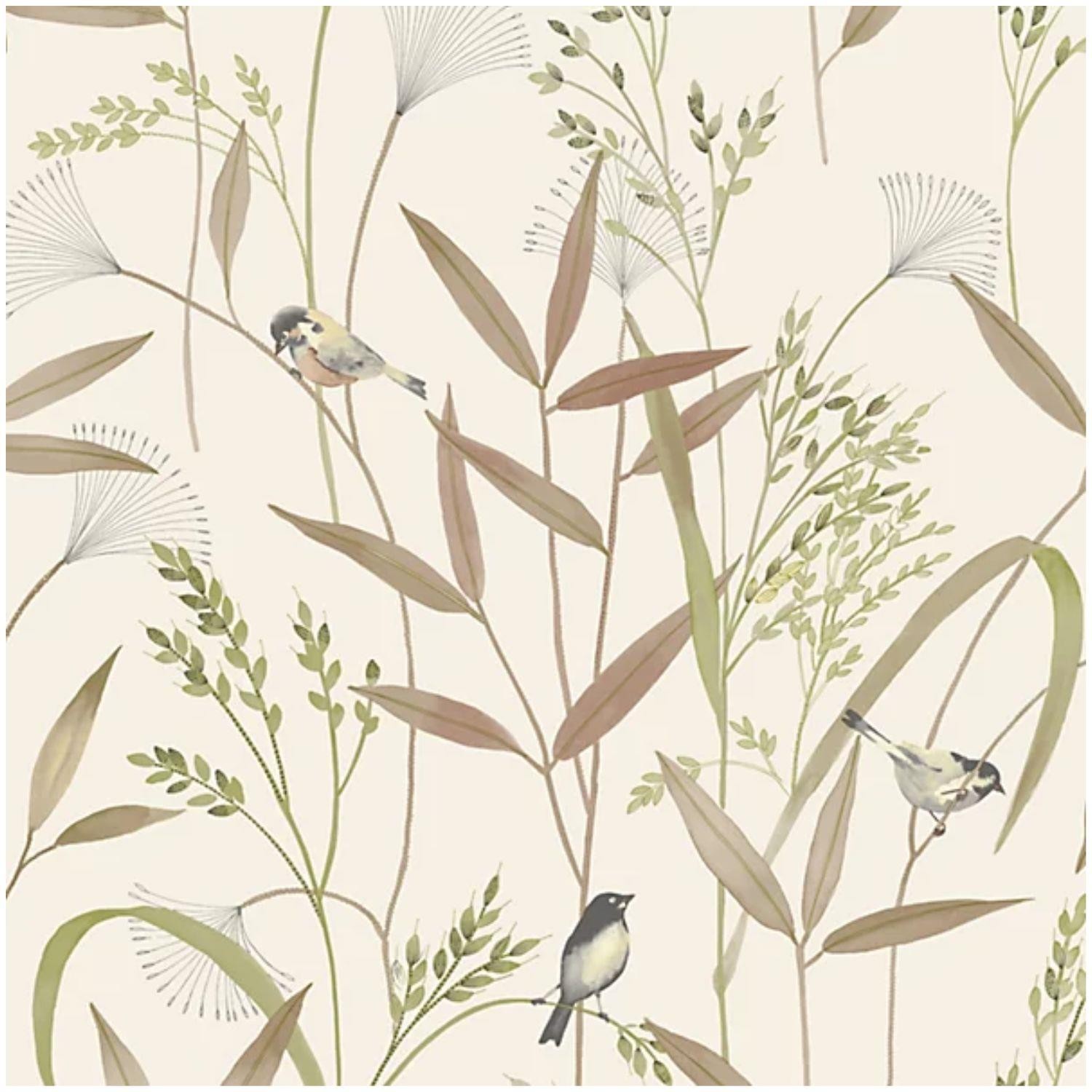 Beige Vinyl Wallpaper Birds Botanical Grandeco Azuria Scrubbable Paste The Wall