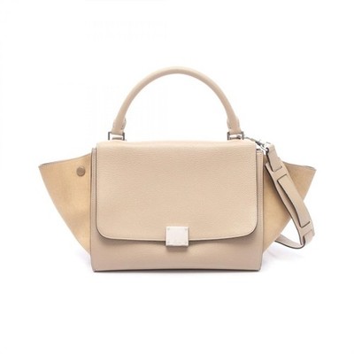 CELINE Trapeze Small Leather Suede Handbag Beige Brown Women Used Authentic