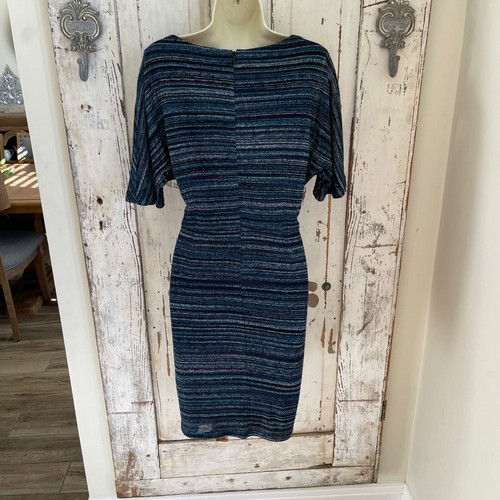 Evan Picone Size 14 Woman's Blue Black White Striped Knit Cowl Pocketed Dress - Picture 6 of 8
