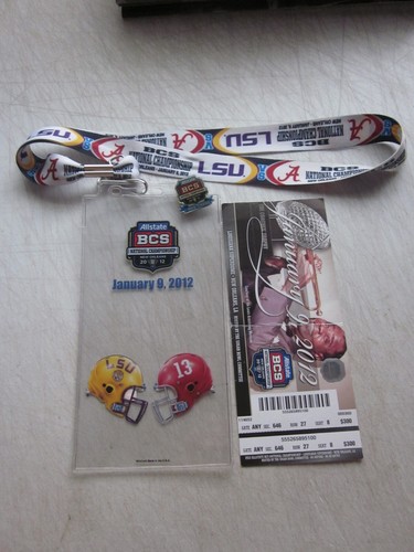2012 ALABAMA LSU BCS NATIONAL CHAMPIONSHIP FULL TICKET AUTH LANYARD + PIN - Picture 1 of 5