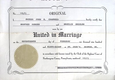 1968 Vintage Marriage Certificate - St. Jane's, Easton PA - Official Document