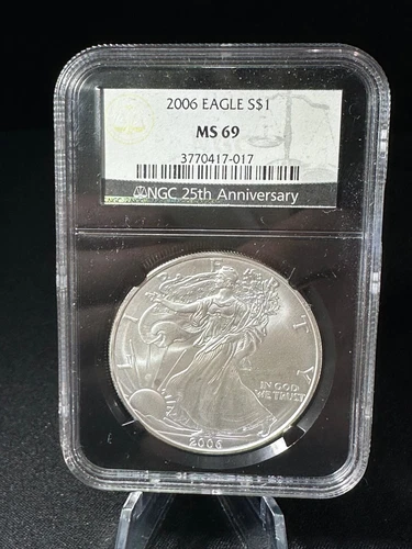 Item Description: 2006 BURNISHED SILVER EAGLE NGC MS69 BETTER DATE BLACK CORE