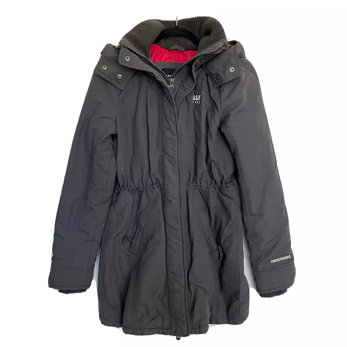 Abercrombie Fitch Gray Long Winter Snow Jacket Hooded Lined Quilted Coat Zip S