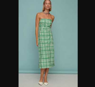 slim fit dress slacks Ranna Gill Anthropologie Army Green Plaid Dress with Floral Embroidery and  Bow Tie Detail (XS) main image 0