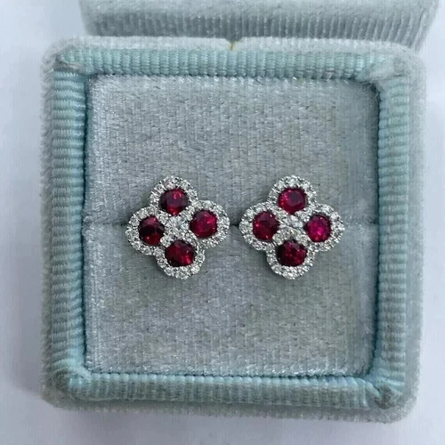 2Ct Round Cut Halo Lab Created Red Ruby Stud Earrings 14k White Gold Plated