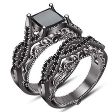 14K Black Gold Finish 2Ct Princess Lab created Diamond Wedding Bridal Ring Set