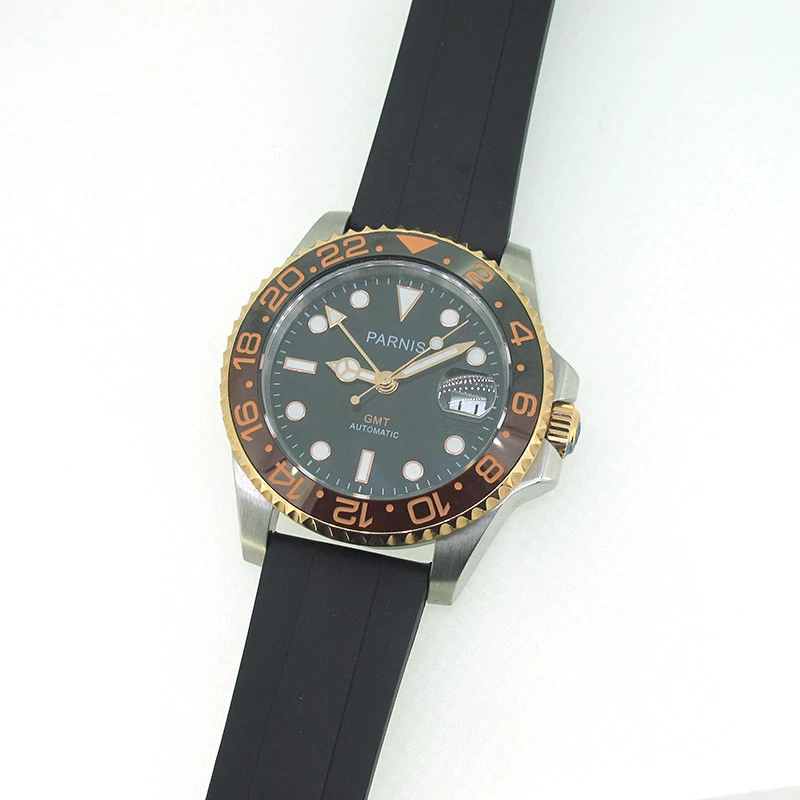 Reloj informal de 40 mm Parnis GMT movimiento automático para hombre bisel giratorio de cerámica lo último Foto 3 de 4
