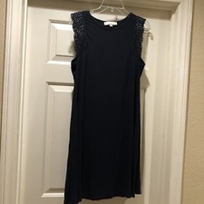 LOFT Swing Summer Dress Navy Blue Size Large Crochet Sleeves EUC!
