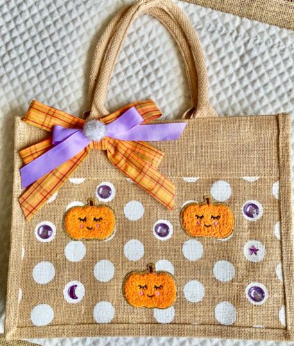 New Halloween Polka Dot Pumpkin w/ Purple Rhinestones Jute Hand Bag Tote Purse - Picture 2 of 12