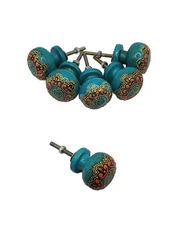 Moroccan Style Hand Painted Wooden Drawer Knobs Teal Yellow Orange Set Of 6