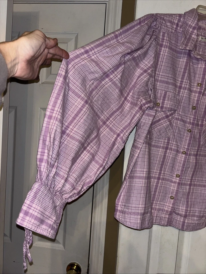 We The Free People XL Pink Plaid Shacket Sun City Puff Sleeve Cropped Tie Cuffs - Imagem 4 de 4