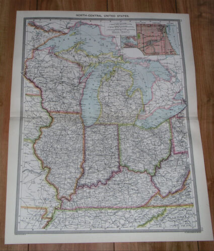 1908 ANTIQUE MAP OF GREAT LAKES SUPERIOR HURON MICHIGAN ILLINOIS OHIO / CHICAGO