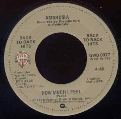 Ambrosia Holdin On To Yesterday / How Much I Feel Vinyl Single 7inch Warner