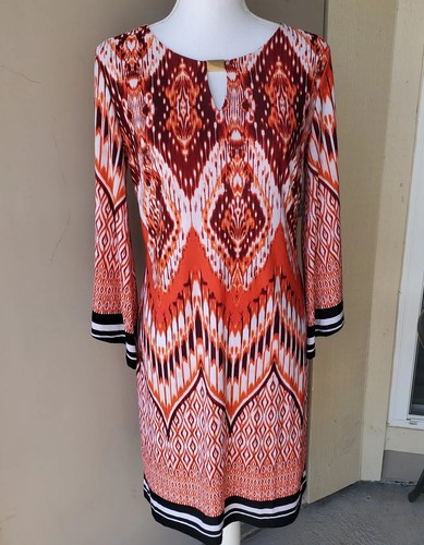 Enfocus Studio Shift Dress Womens 6 Orange Tribal Boho Ikat Tribal Wanderlust