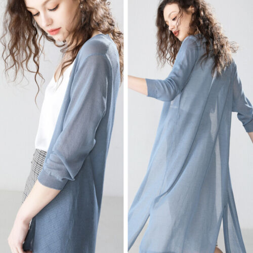 Lady Ice Seide Strickjacke Midi Durchsichtig Kimono Offen Vorne Tuch Jacke Somme - Bild 7 von 20