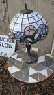 Vintage Bronze Base 1950s Stained Glass Lamp Mosaic Shade