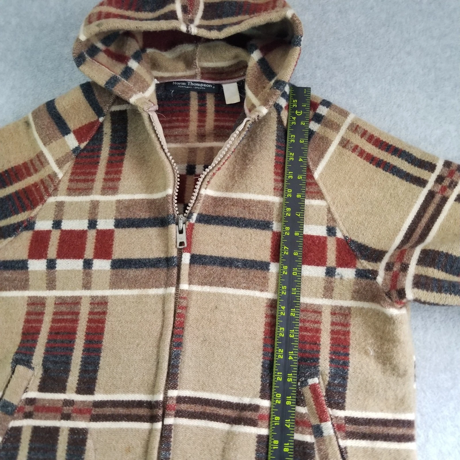 VTG Norm Thompson Jacket Mens Large Beige Plaid Wool Full Zip Baja Drug Rug 90s image 10