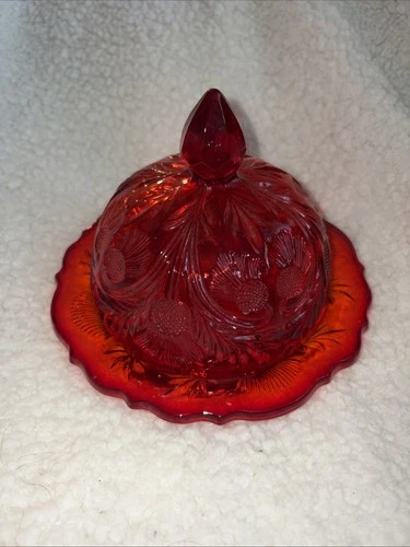 Vintage Mosser Glass Inverted Thistle Red Domed shaped Covered Butter Dish