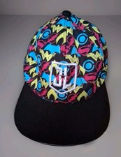 Justice League Adjustable Snapback Cap, Flat Brim Bill, Black Colorful Symbols