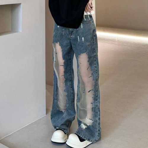High Waist Ripped Jeans Straight Baggy Pants Unique Wide Leg Denim Pants Daily - Picture 6 of 13