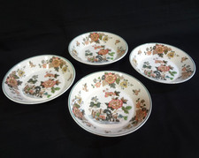Wedgwood China Eastern Flowers - Set of 4 Fruit Bowls - Floral Scene Green Trim