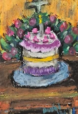 ACEO , Original Art Painting, Pastel, Regina DeVal,Birthday Cake for Christmas