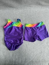 Reflectionz Girls Purple Dance Leotard Shorts Set Rainbow Trim Size 6