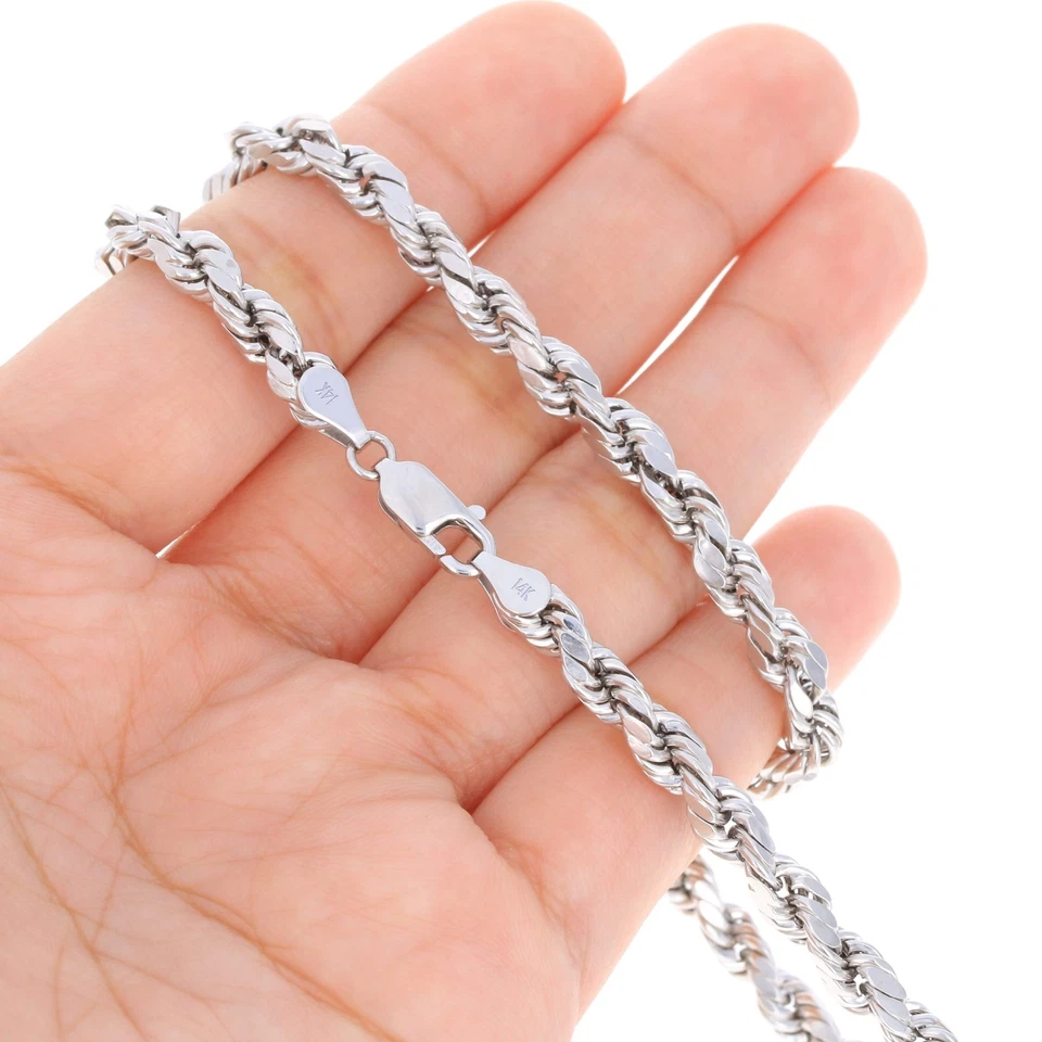 14K White Gold 1.5mm-5mm Diamond Cut Rope Chain Necklace Mens Womens 14"-30" Foto 4 de 4