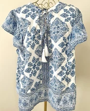 Lucky Brand Peasant Boho Woven Top Blouse Shirt Boho Blue White Fancy Size XL