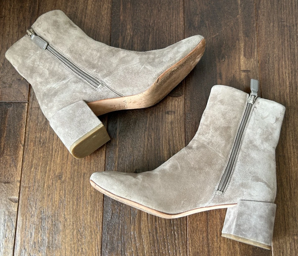 Vince Kaye Suede Block Heel Zip Ankle Booties Light Woodsmoke Taupe Sze 8 Square - Image 3 of 4