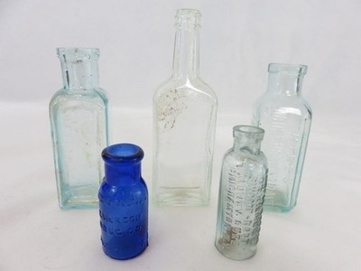 Five Collectible Apothecary Bottles Fletchers Acme Dr Kilmer Bromo Seltzer Hires