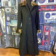 Anne Brooks Vintage Black and Leopard Faux Fur Trim Winter Long Coat