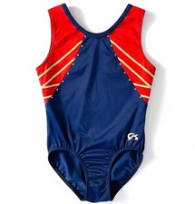 GK Elite Child Large Red Blue Gymnastics Leotard Metallic Rhinestone