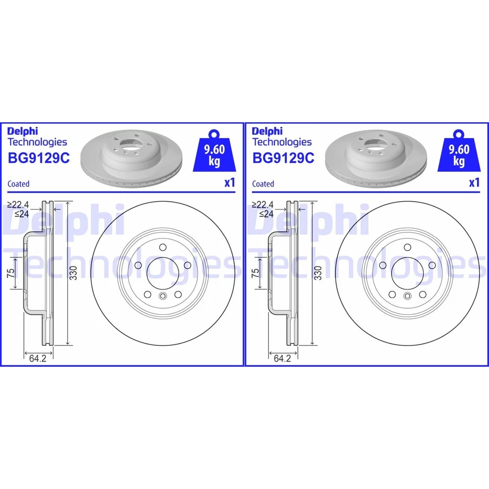 2X DELPHI Discos de Freno 330mm Ventilado Delant. Apto Para BMW 5 BG9129C - Imagen 2 de 3