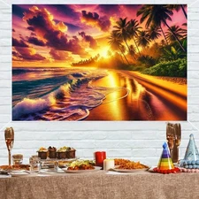 1pc Vibrant Beach Sunset Tapestry - 8x6ft Polyester Wall Hanging with Golden San