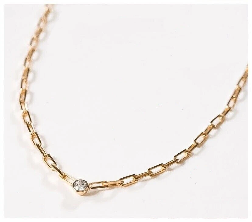 Collier Chaîne Avec Pendentif Solitaire Serti Clos Plaqué or 18 Carats 750/1000 - Photo 2/4