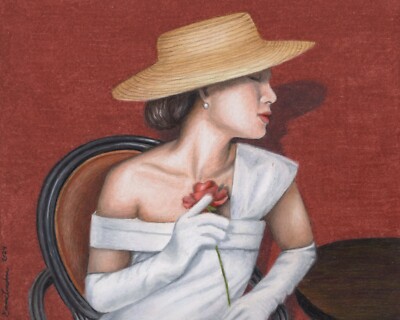 Original Art Vintage Woman Fashion Hat Glamour Drawing Gift Stylish Classic Rose
