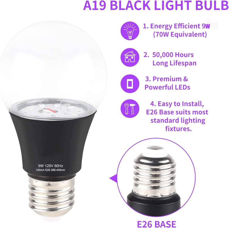 2pack 9W Led Ultraviolet Black Light Uv Bulb Glow in the Dark Ultra Violet Neon - Image 2 of 4