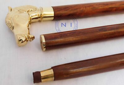 Victorian Brass Horse Handle Designer Cane Antique Wooden Walking Stick Style