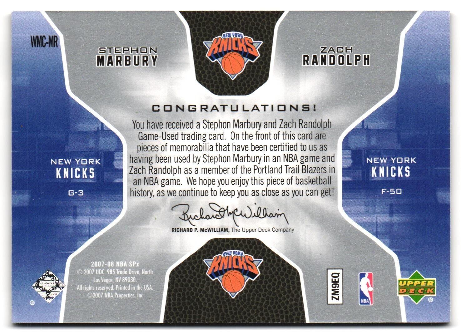 Marbury & Randolph 2007 Upper Deck Game Used Jersey Card view 2