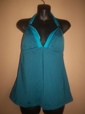 MOSSIMO BLUE GOLD METAL RING RUCHED HALTER SWIMSUIT SWIM TANKINI TOP M