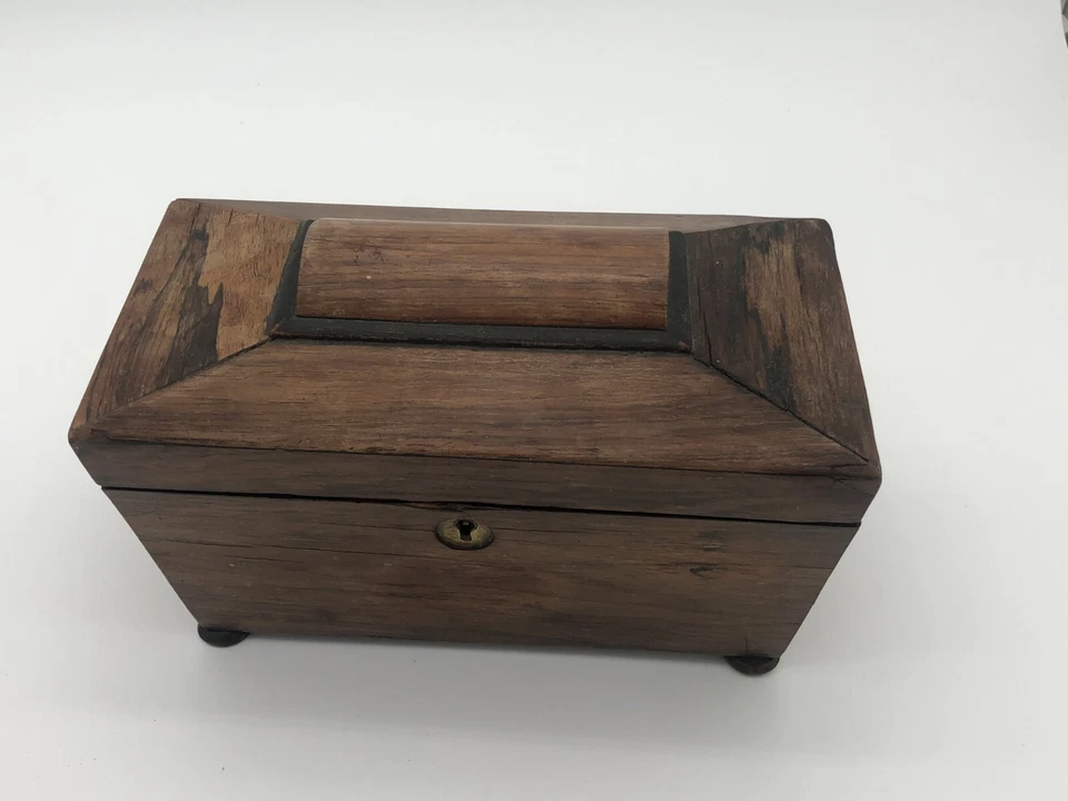 Tea Caddy Wood Tea Caddy Sarcophagus Shaped Double Compartments Vtg - Image 2 of 4